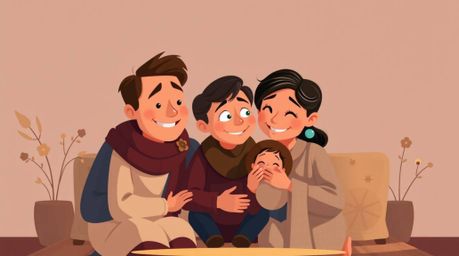 Experience a heartwarming family reunion rendered in a modern flat design, reminiscent of Pixar's signature style. The scene 