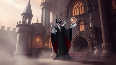 Experience a classic Disney villain casting a spell within the ancient walls of an old castle, enveloped in a hazy, soft ligh