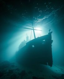 Discover a captivating high-resolution stock photo of a shipwreck bathed in underwater light, creating a mystic and enchantin