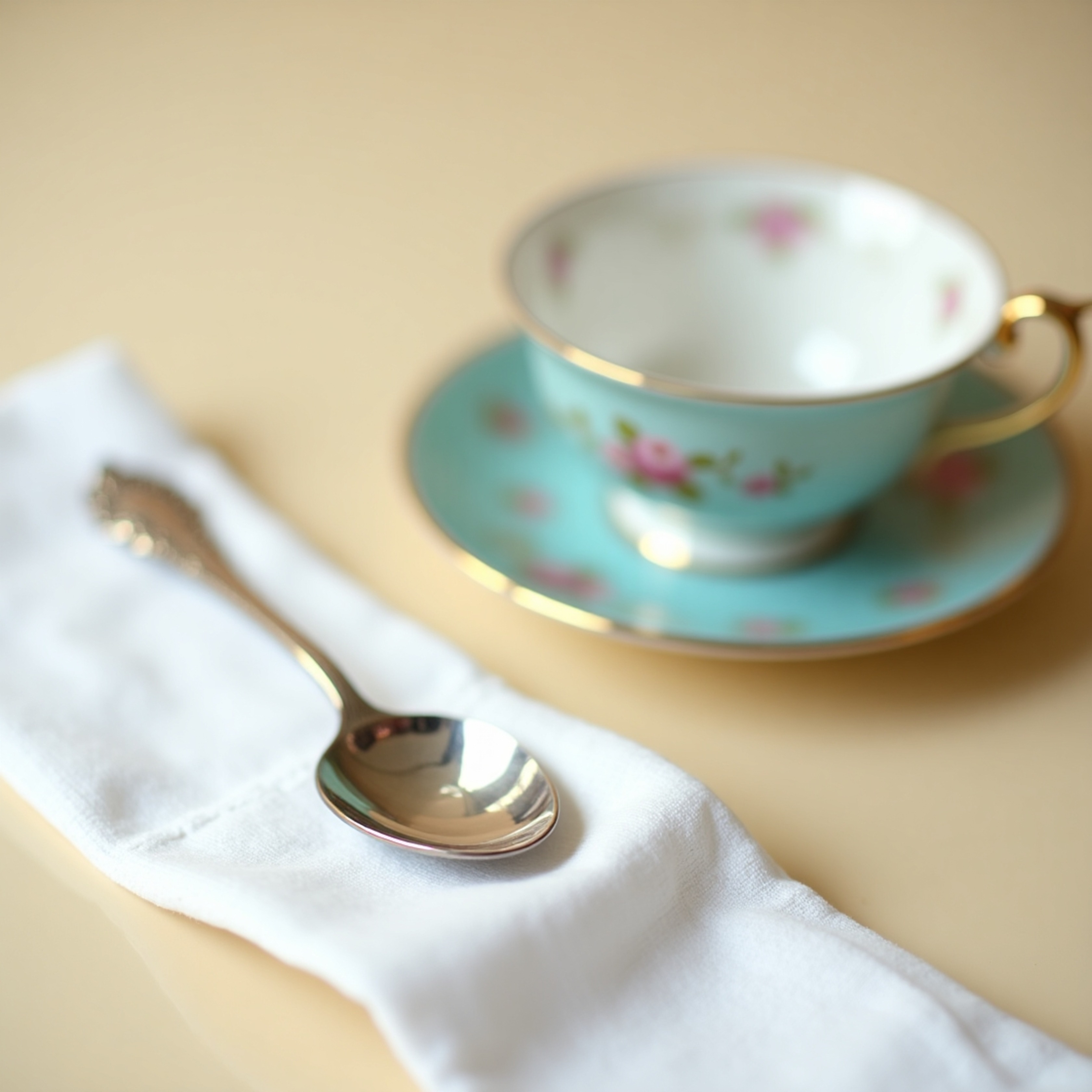 A captivating close-up showcases an intricately designed silver spoon with a subtle sheen, resting gracefully on a crisp whit