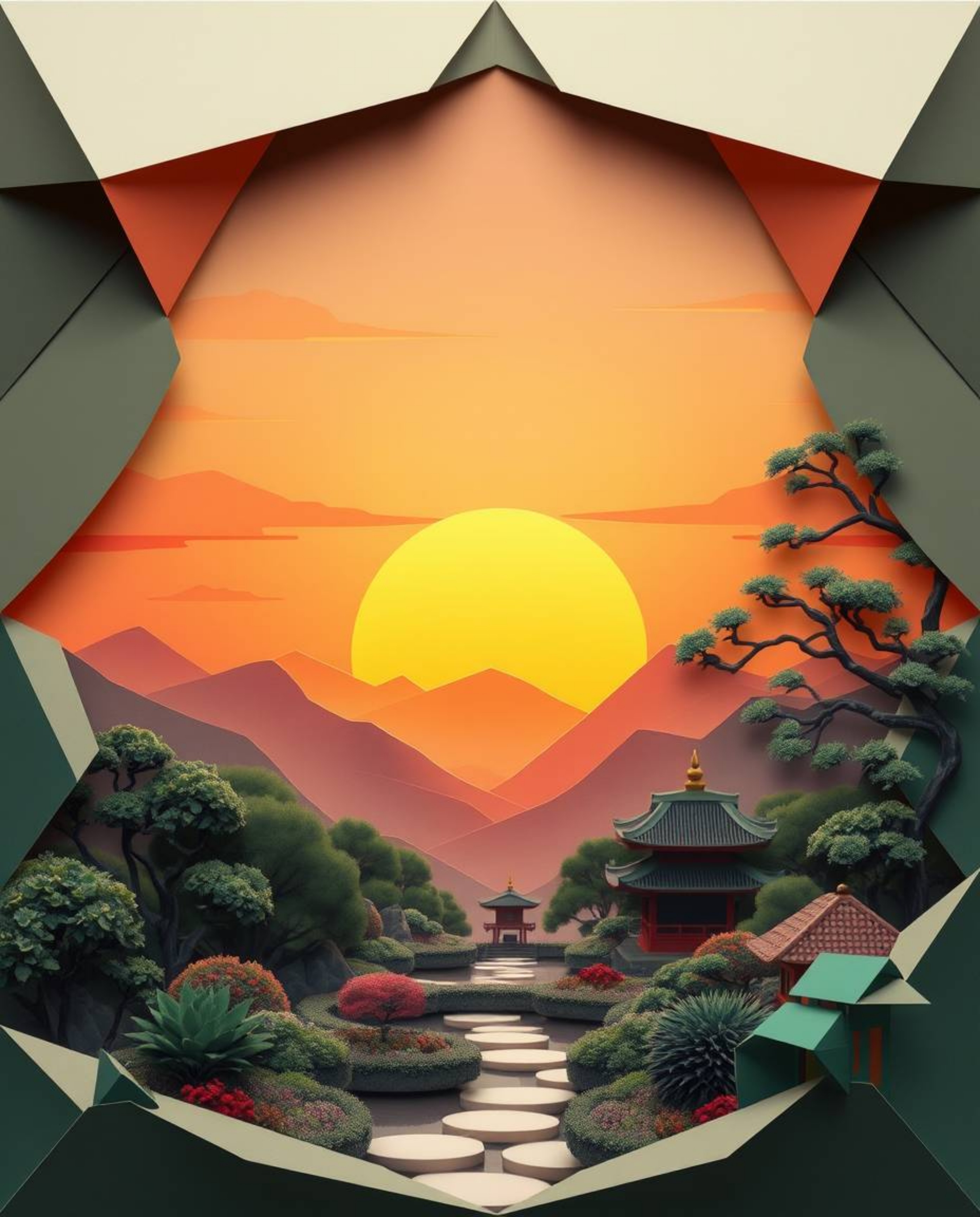 An intricate origami-style illustration of a sunset over a serene Zen garden, using smooth gradient transitions, seamless col