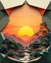 An intricate origami-style illustration of a sunset over a serene Zen garden, using smooth gradient transitions, seamless col