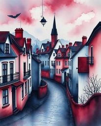 A captivating watercolor painting depicting a sleepy town bathed in pastel hues, showcasing charming houses rendered in a sop