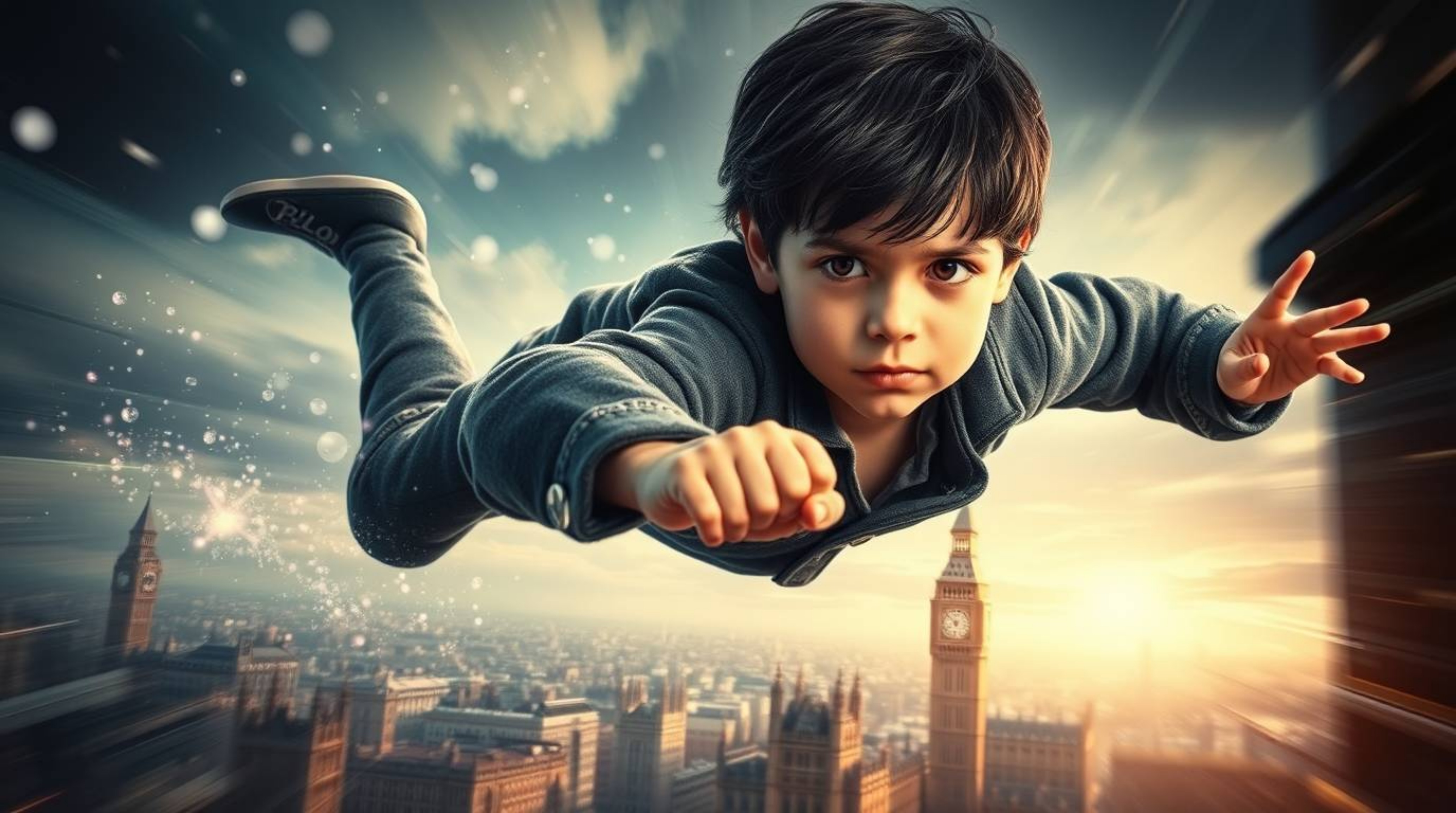 A captivating image of a young boy with determined eyes, dark hair, dynamically soaring above the London skyline, trailing ma