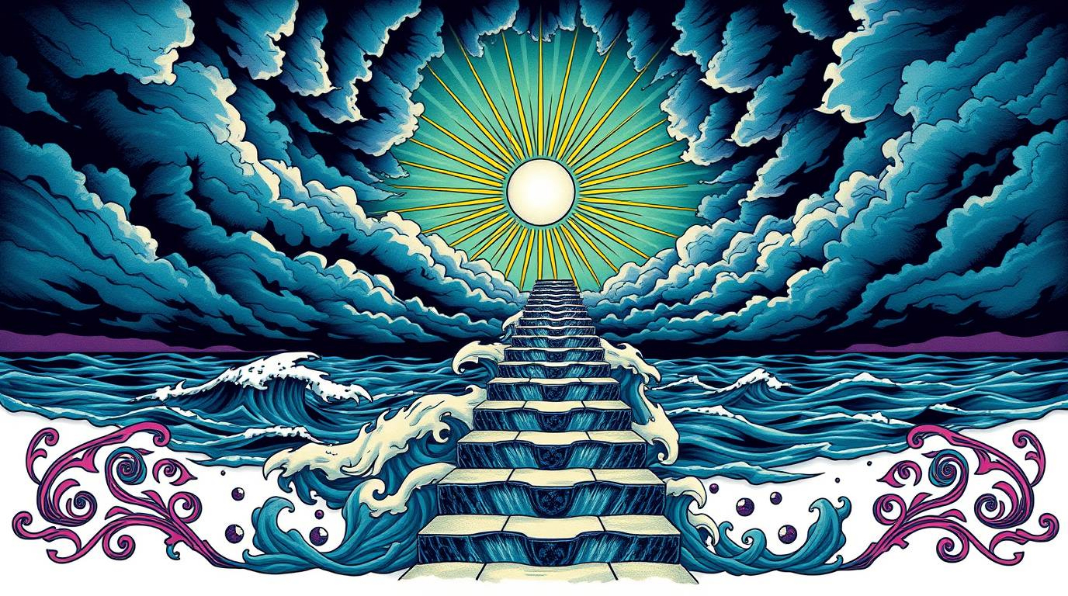 This vibrant retro-style tattoo art print depicts a dramatic ocean staircase ascending towards a stormy sky, illuminated by a
