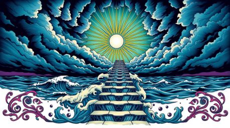 This vibrant retro-style tattoo art print depicts a dramatic ocean staircase ascending towards a stormy sky, illuminated by a