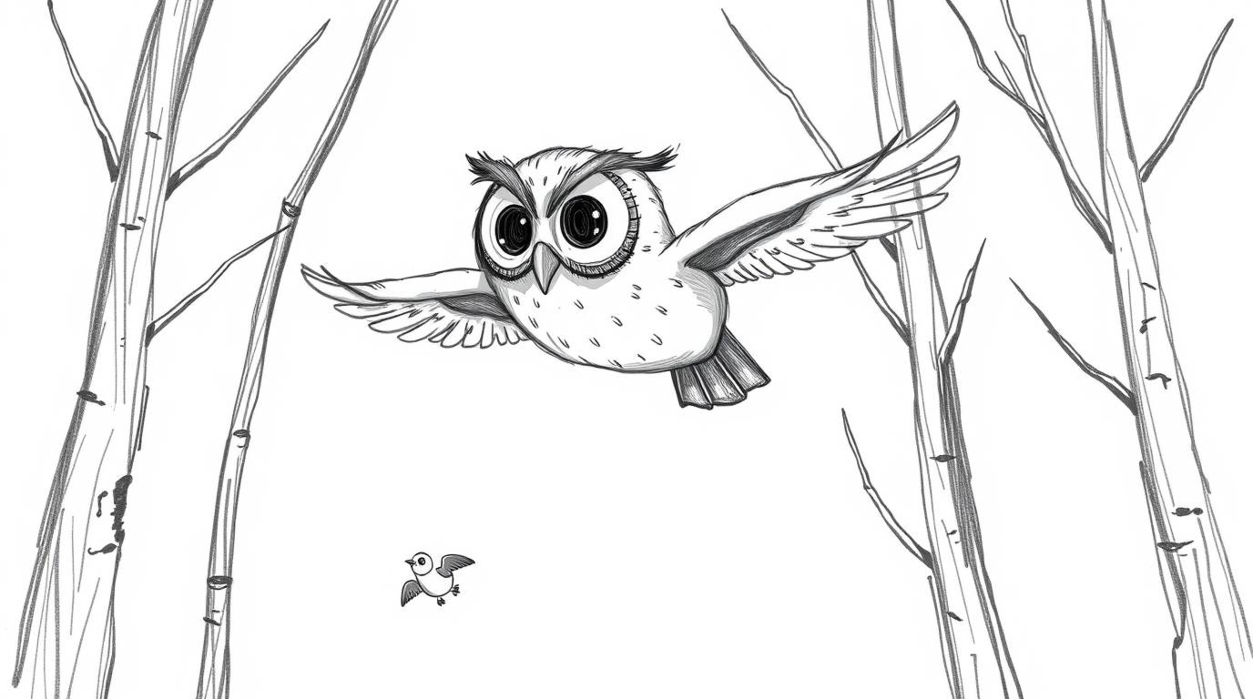 A captivating hand-drawn sketch in the style of Pixar, depicting a blind owl with expressive eyes gracefully gliding between 