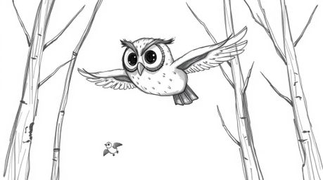 A captivating hand-drawn sketch in the style of Pixar, depicting a blind owl with expressive eyes gracefully gliding between 