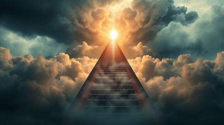 This captivating logo design depicts a geometrically designed surreal stairway ascending through smoky clouds towards a celes