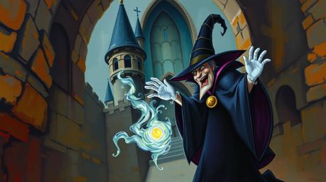 A classic Disney villain is captured in a timeless oil painting style, casting a spell within the walls of an old castle. The
