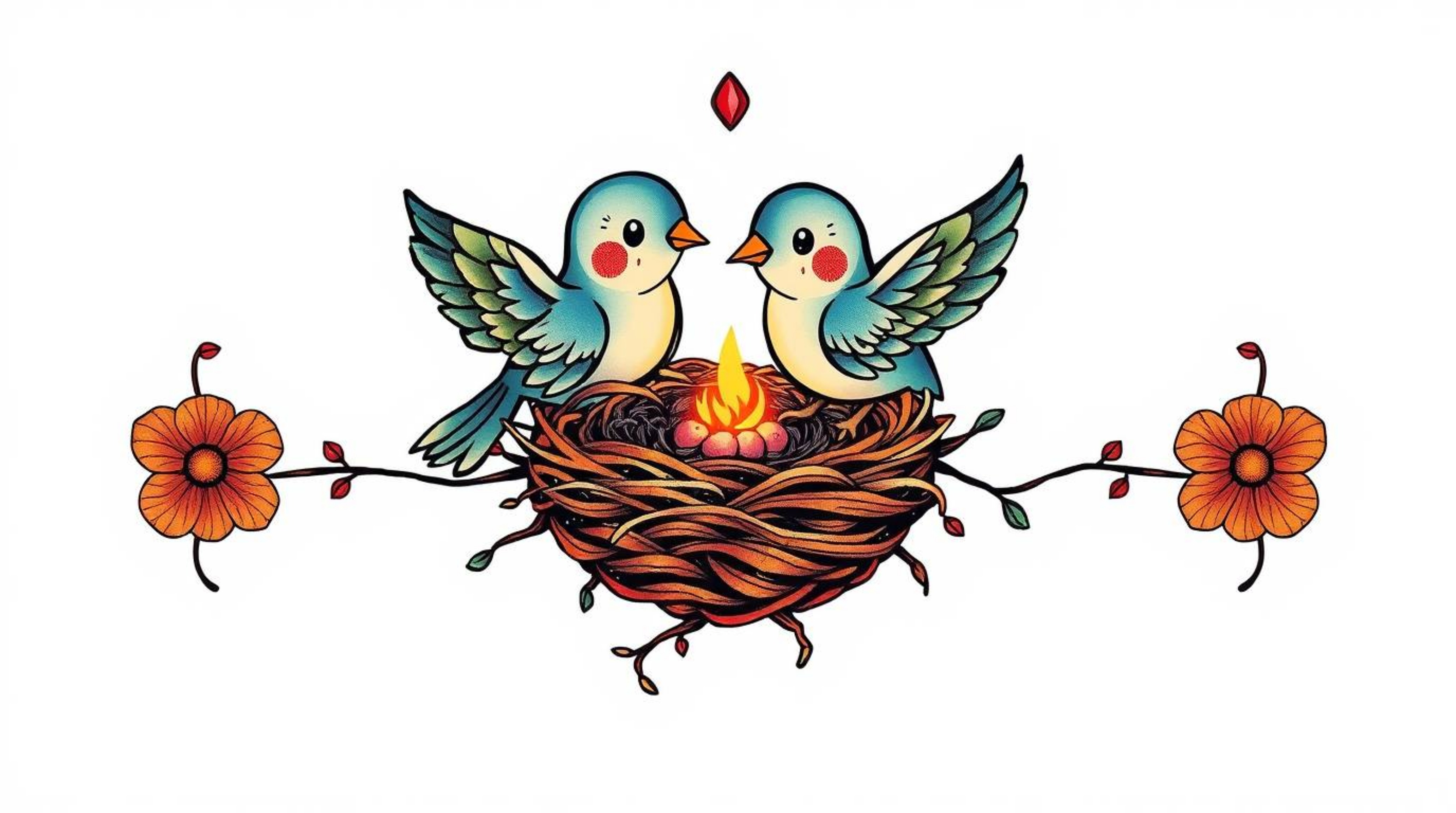 A vibrant and mystical tattoo art print featuring two cartoon birds building a nest in a classic animation style. The design