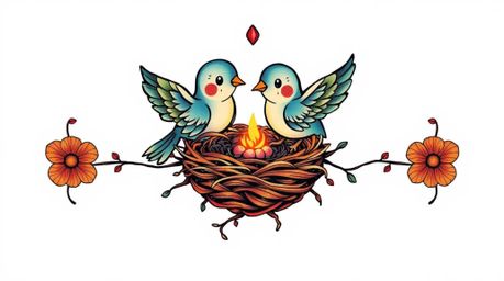 A vibrant and mystical tattoo art print featuring two cartoon birds building a nest in a classic animation style.  The design