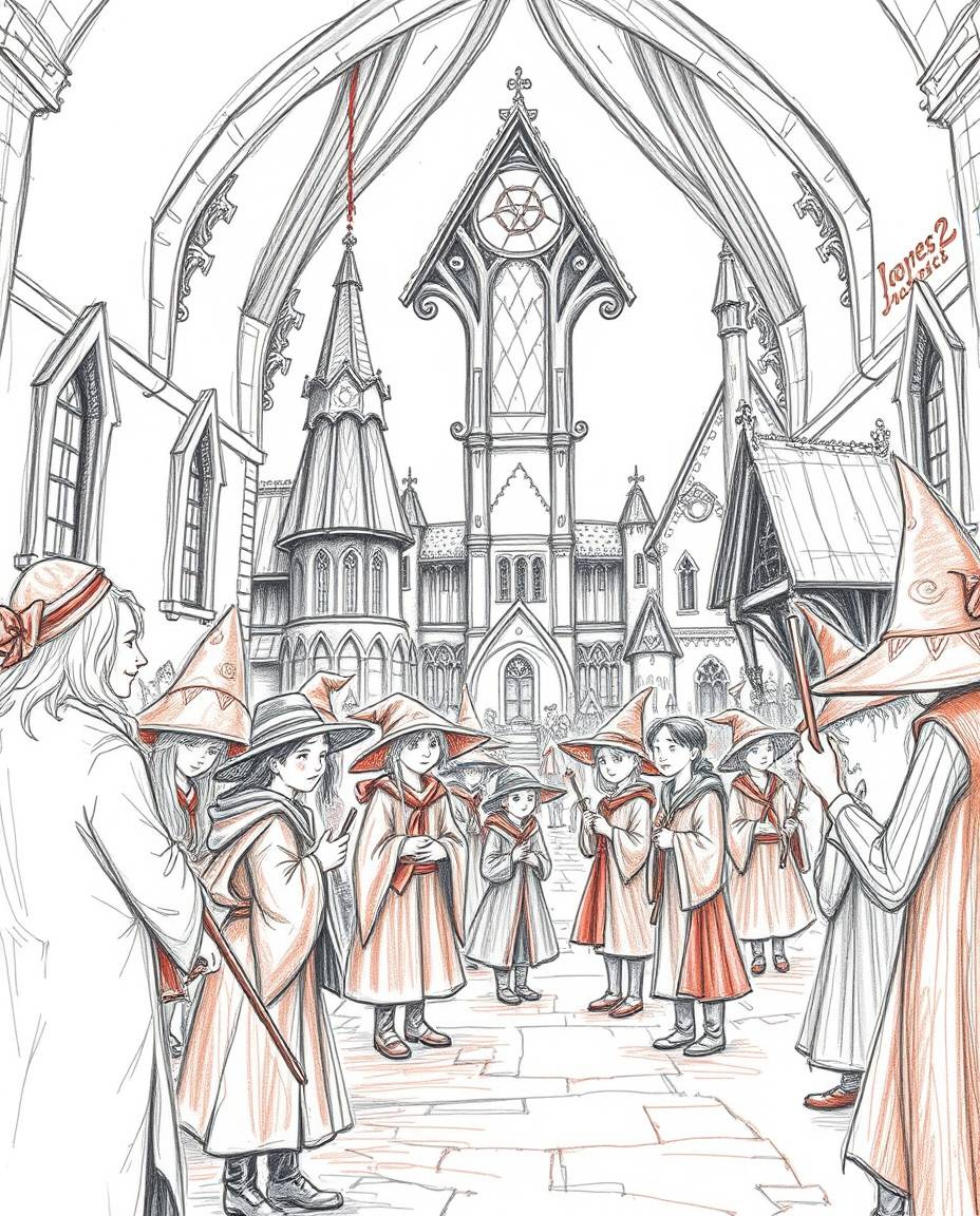 Explore a magical school brimming with young wizards, depicted in a surreal, hand-drawn sketch style using striking infrared 