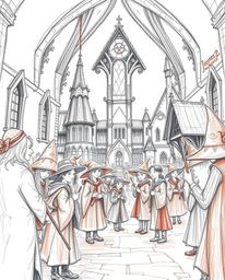 Explore a magical school brimming with young wizards, depicted in a surreal, hand-drawn sketch style using striking infrared