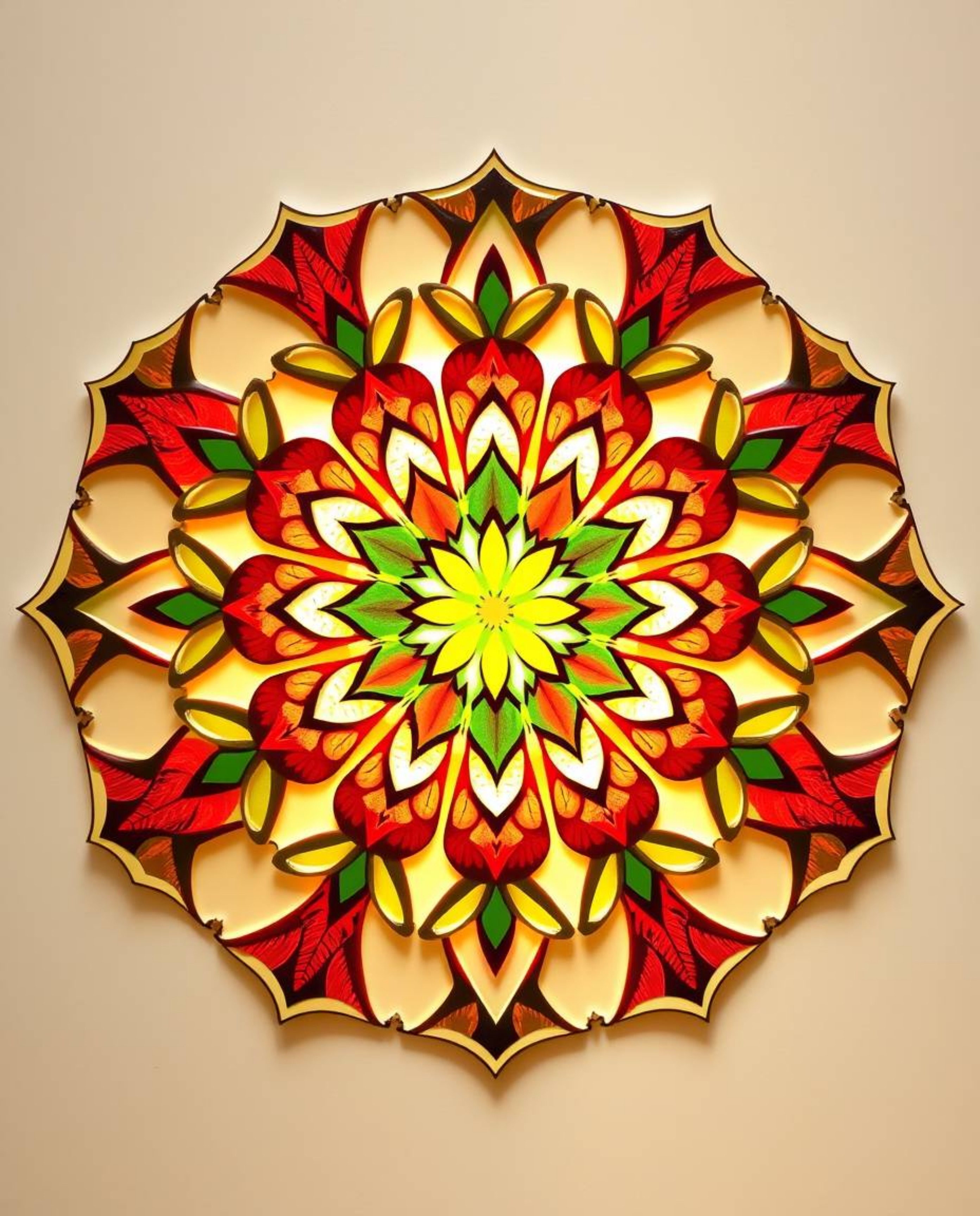 This geometric floral mandala boasts a beautifully symmetric design and a vibrant array of colors. The gentle, soft light and