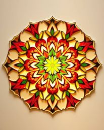 This geometric floral mandala boasts a beautifully symmetric design and a vibrant array of colors. The gentle, soft light and