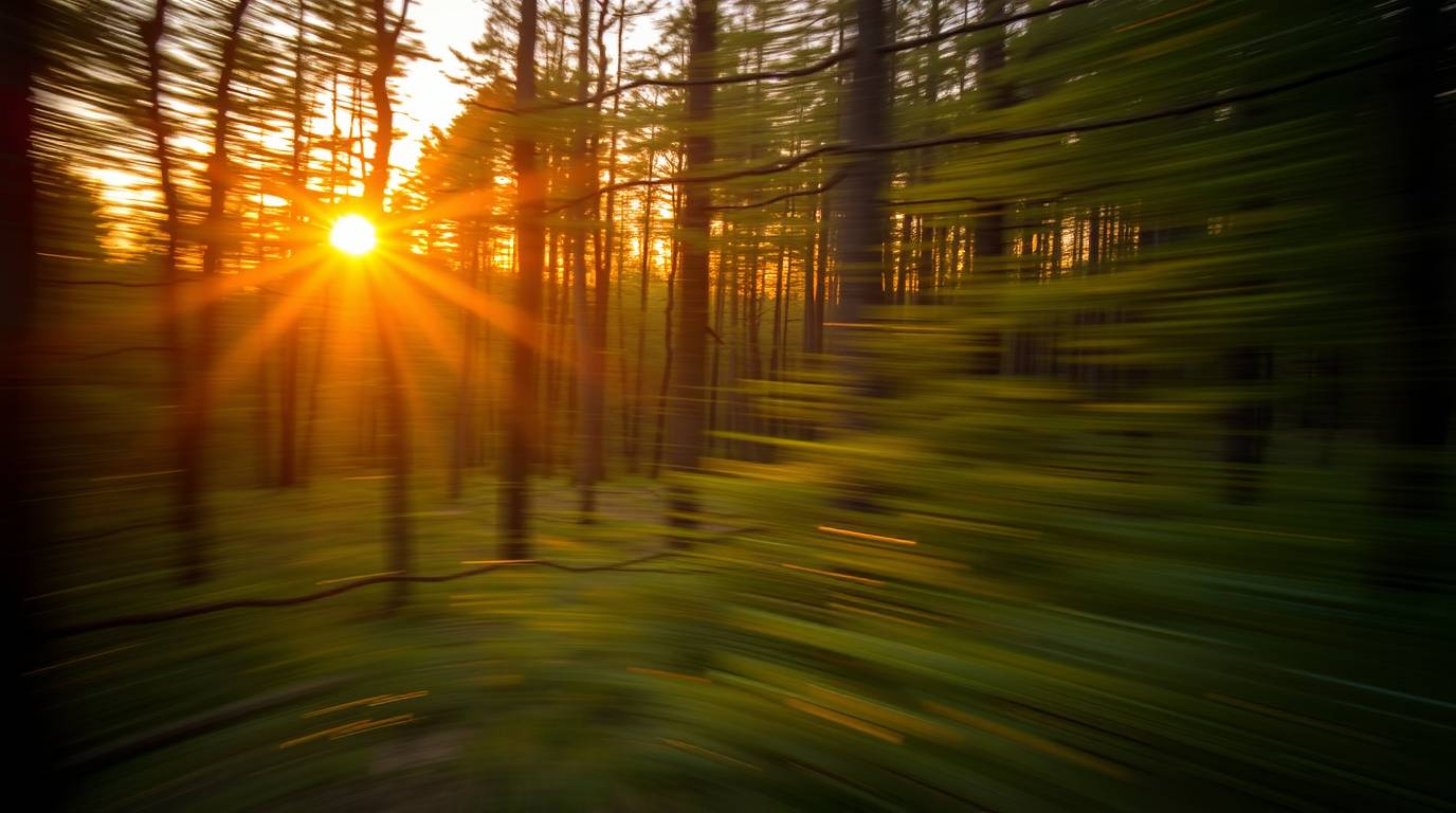 A captivating long exposure photograph showcases the vibrant hues of a sunset streaming through a dynamic forest.  Blurred li