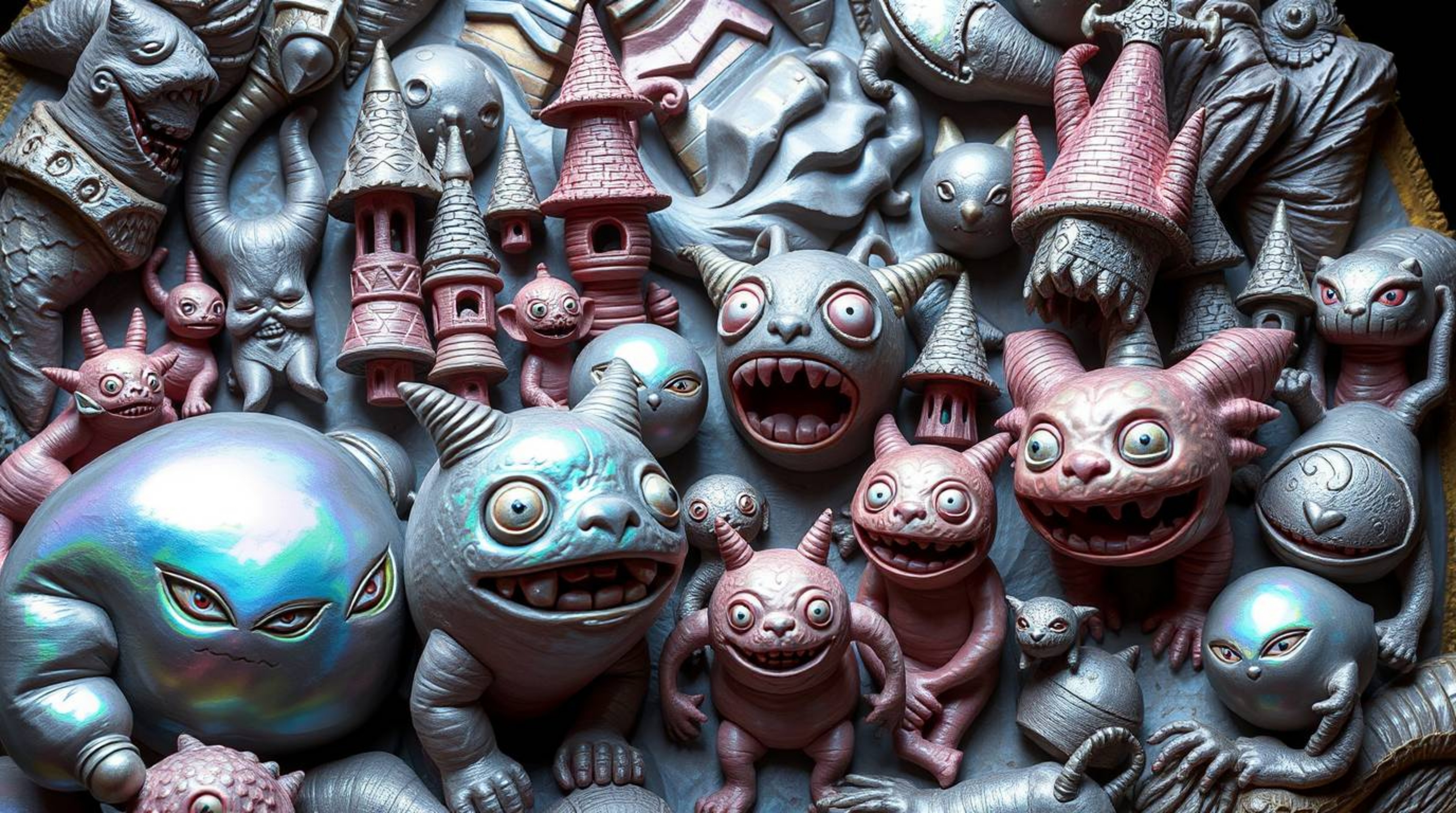 A mesmerizing sculptural clay artwork portrays a fantastical kingdom teeming with whimsical magical creatures. The sculpture 
