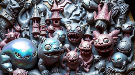 A mesmerizing sculptural clay artwork portrays a fantastical kingdom teeming with whimsical magical creatures. The sculpture 