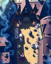 Experience a captivating overhead bird's eye view of a magical school in this Isekai anime style artwork. Witness young wizar