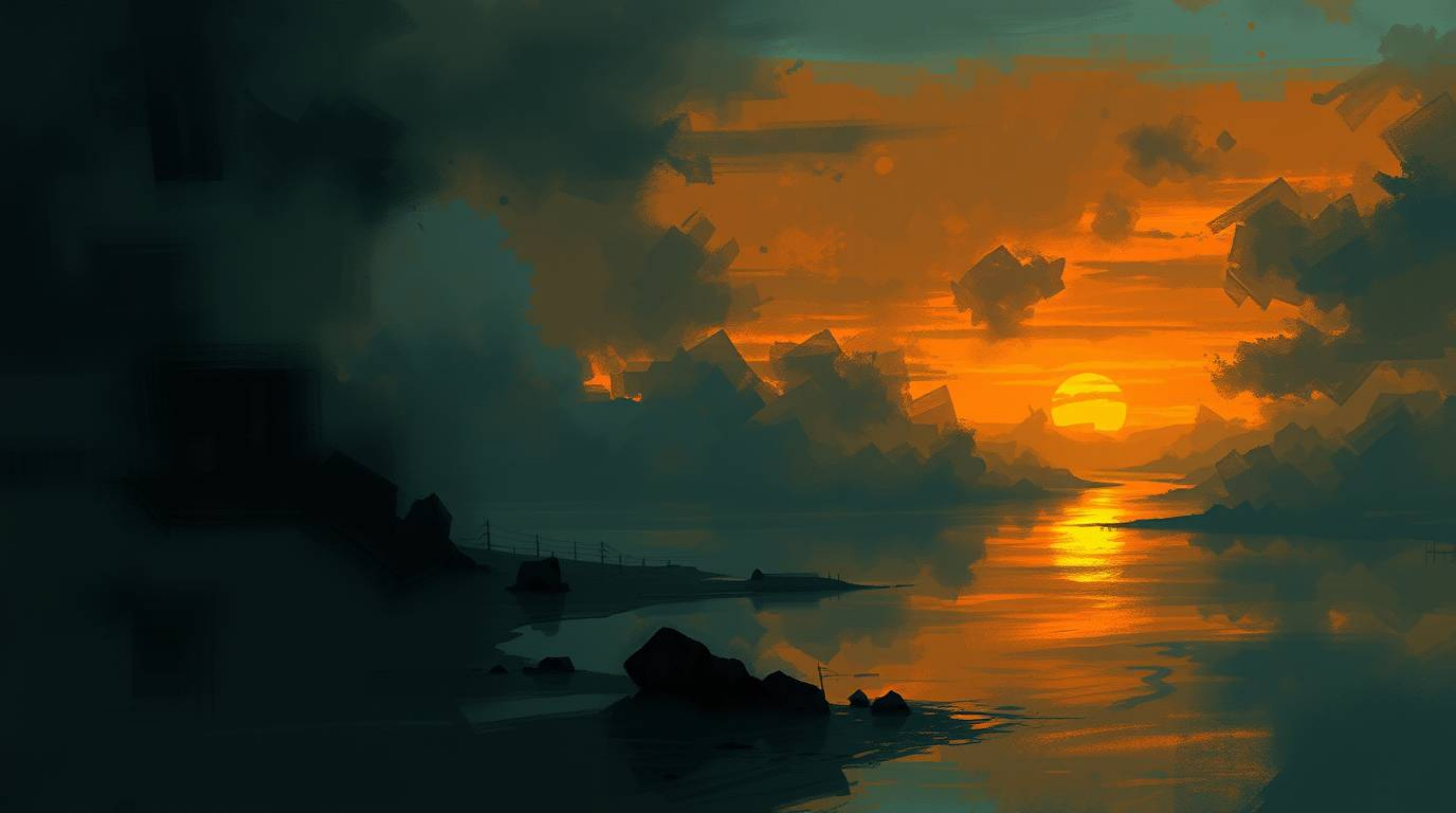 A dynamic digital sketch showcasing a river delta at twilight, rendered in glowing, complementary epic colors.  Employing loo