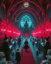 Immerse yourself in a dreamlike and surreal magical school brimming with young wizards, beautifully rendered in rich burgundy