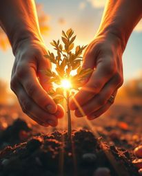A vibrant digital painting captures the warmth of autumn with bright lens flares and rich colors.  The scene depicts hands ge