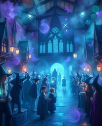 Discover a magical school brimming with young wizards, enveloped in a mystical atmosphere.  Cool blues, greens, and purples c