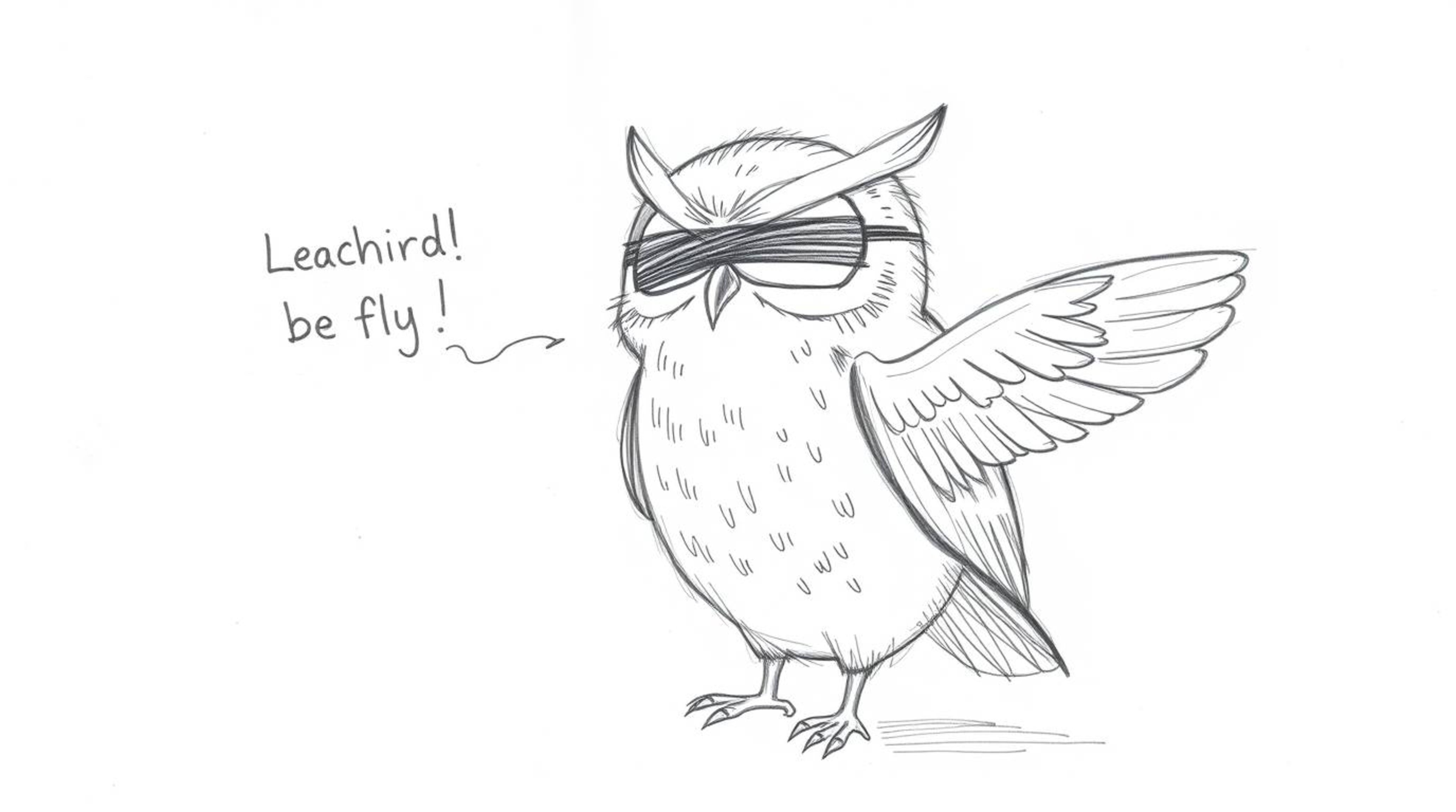 A heartwarming image of a blind owl, rendered in a Pixar style with textured pencil strokes, teaching young birds to fly. The