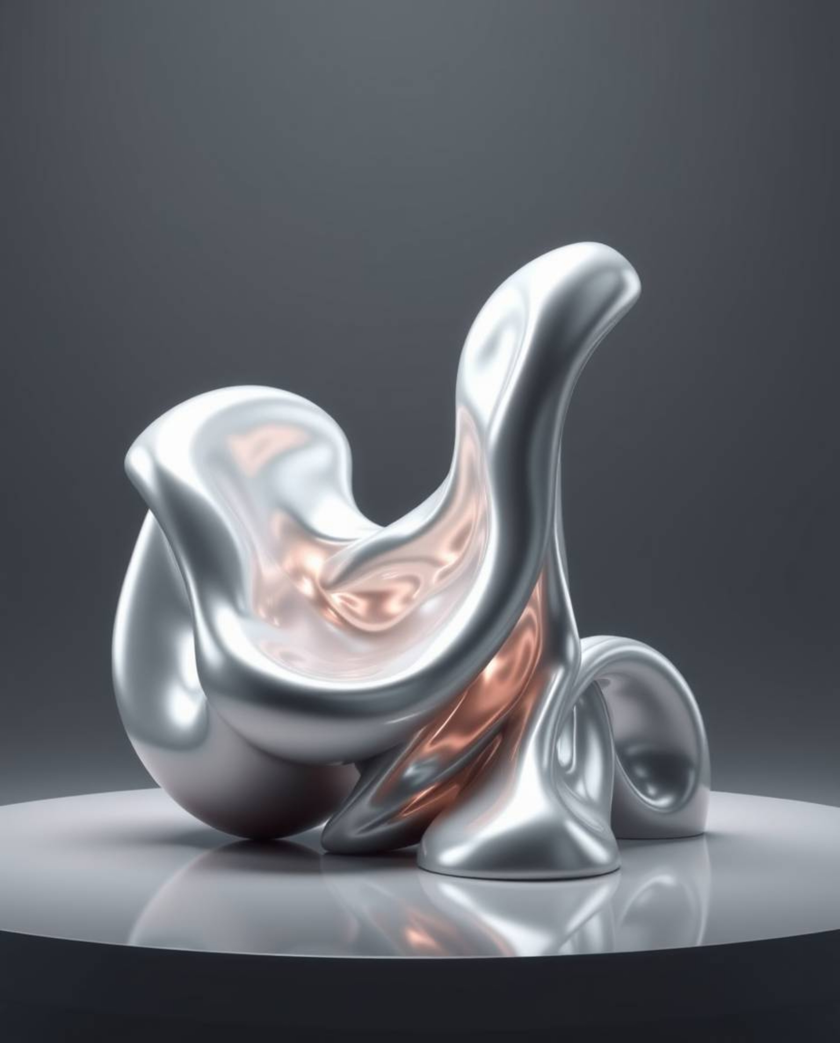This stunning 3D rendering showcases a graceful and elegant sculptural form made of fluid mercury shapes. The artwork boasts 