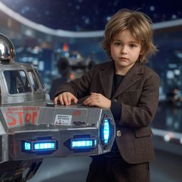 A captivating high-fashion photograph depicts a young boy with curious brown eyes and messy blond hair, confidently standing 