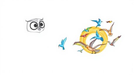 A heartwarming hand-drawn sketch in the style of Pixar depicts a wise, blind owl teacher with gentle eyes guiding a flock of 