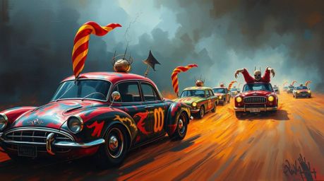 Immerse yourself in a wacky racing scene rendered in a classic oil painting style, featuring outlandish cars and a vibrant pa