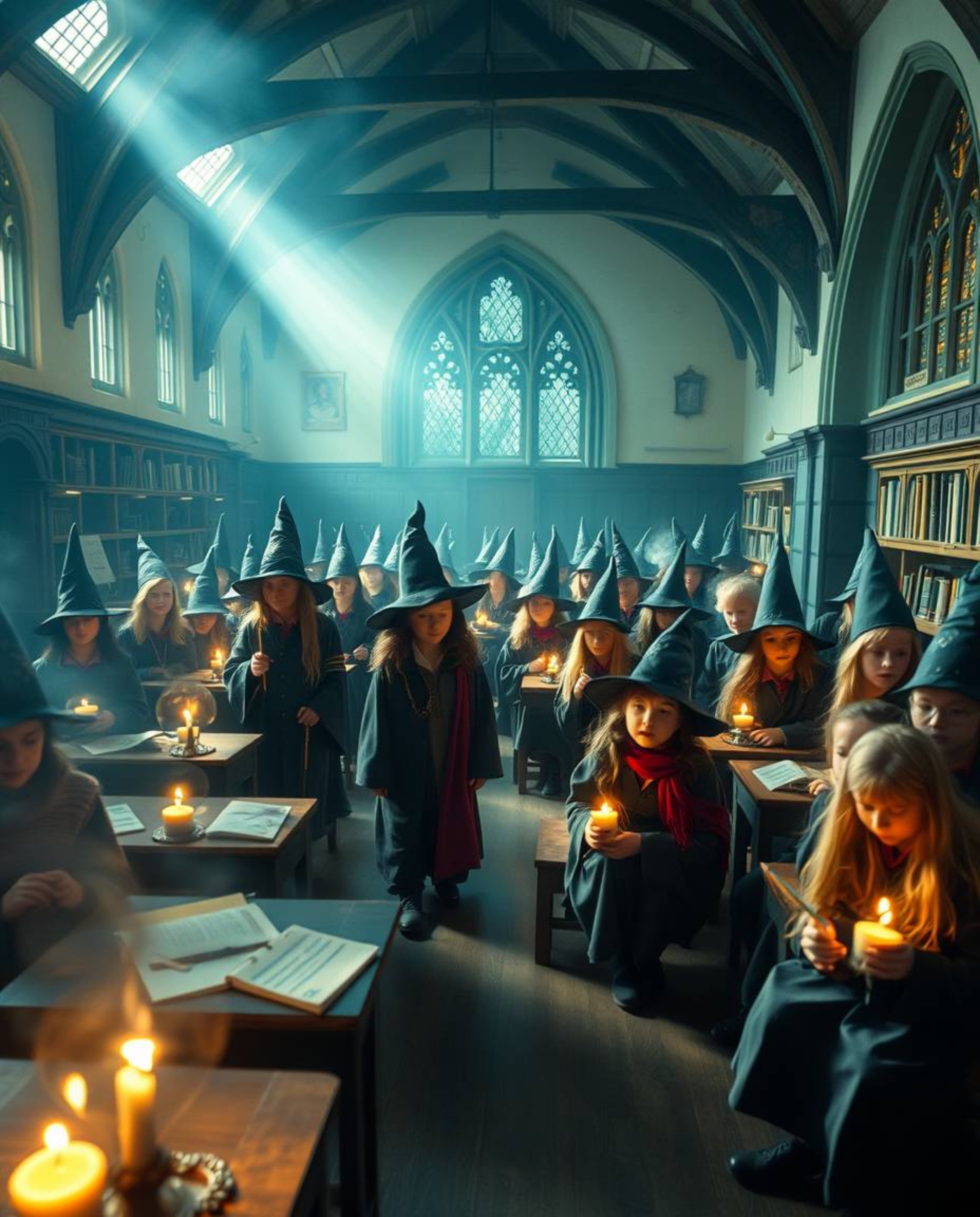 Explore a breathtaking magical school brimming with young wizards, rendered in soft, dreamlike pastel colors. This wide shot