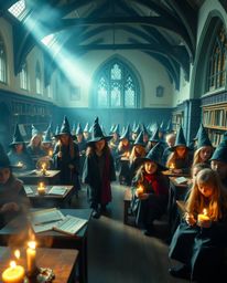 Explore a breathtaking magical school brimming with young wizards, rendered in soft, dreamlike pastel colors. This wide shot 