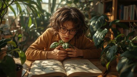 a warmly lit, cinematic photograph of a bright-eyed, bespectacled homeschooled genius, with a mop of curly brown hair and a s