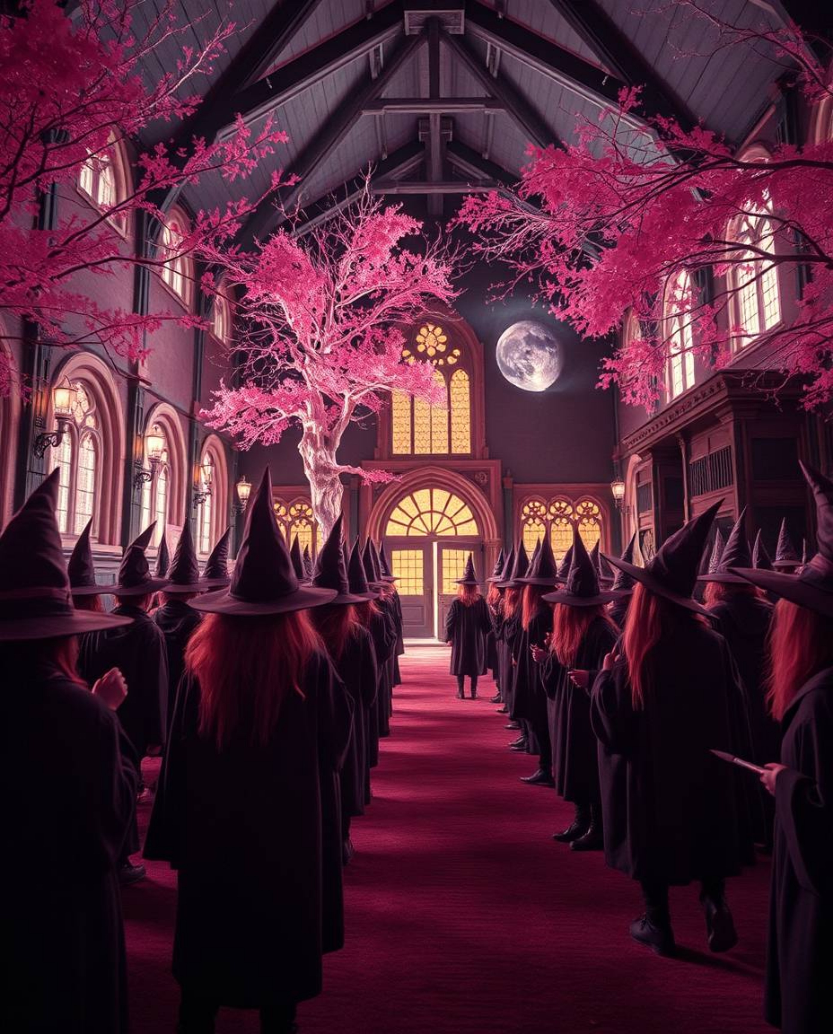 Explore a surreal and magical world through an infrared lens, depicting a school brimming with young wizards. This otherworld