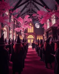 Explore a surreal and magical world through an infrared lens, depicting a school brimming with young wizards. This otherworld