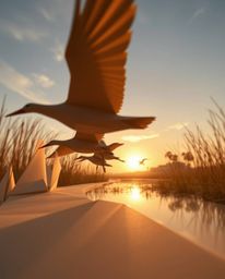 A dramatic, low-angle perspective captures an intricate origami-style golden hour wetlands scene. Herons, rendered with geome