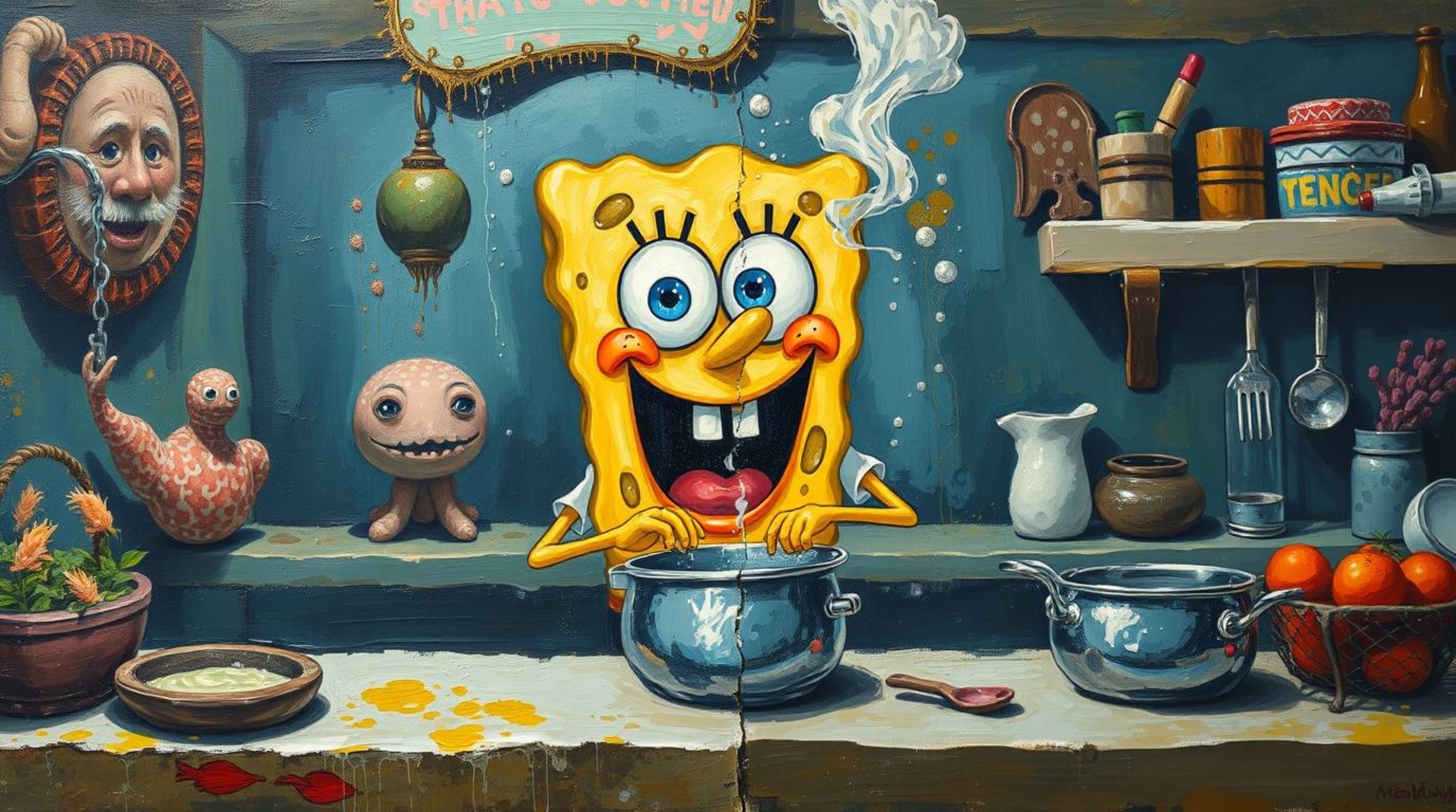 This captivating oil painting showcases a beloved sponge character passionately cooking in a vibrant underwater kitchen. Empl