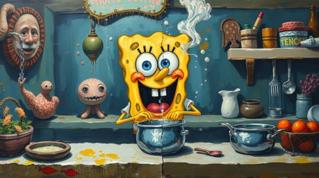 This captivating oil painting showcases a beloved sponge character passionately cooking in a vibrant underwater kitchen. Empl
