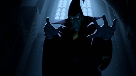 A captivating high-angle shot depicts a classic Disney villain casting a spell within the ancient walls of a castle. The sce