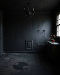 A room explodes with jet black paint, creating an eerie and creepy atmosphere. The use of pure black, deep shadows, and unset