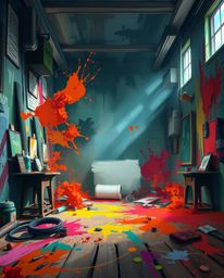 A digitally sketched room exploding with paint, rendered with loose painterly strokes in a dramatic, cinematic style reminisc