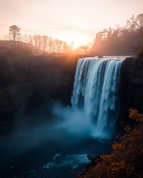 This is a beautiful soft-focus photograph of a dramatic waterfall at sunset, bathed in warm autumn colors. The hazy effect cr
