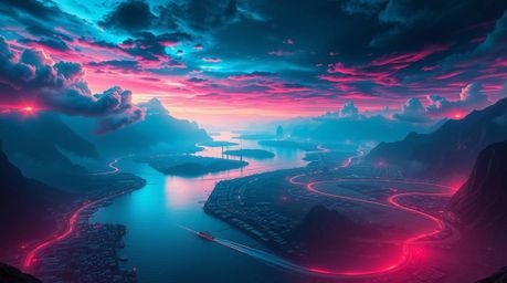 Experience a breathtaking, heroic-scale river delta scene rendered in electric vivid colors and high contrast.  The image sho