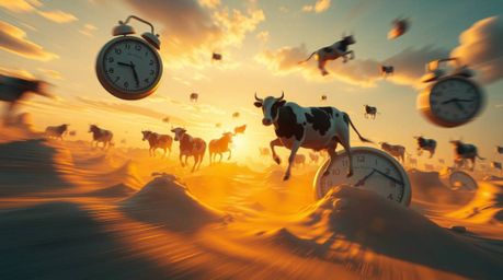Explore a mesmerizing surreal dreamscape where melting clocks and floating cows dance in dynamic motion.  Bathed in the warm 