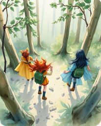 A delicate watercolor painting depicts a group of friends with unique powers exploring a vibrant forest from a high-angle per