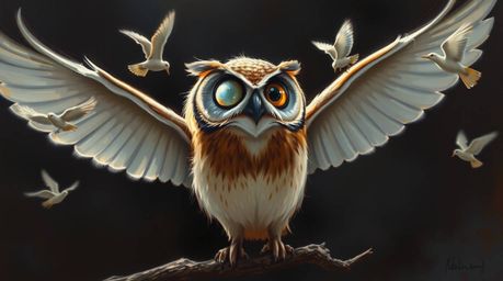 A captivating oil painting, rendered in a high-contrast, low-key lighting style, depicts a Pixar-esque blind owl imparting it
