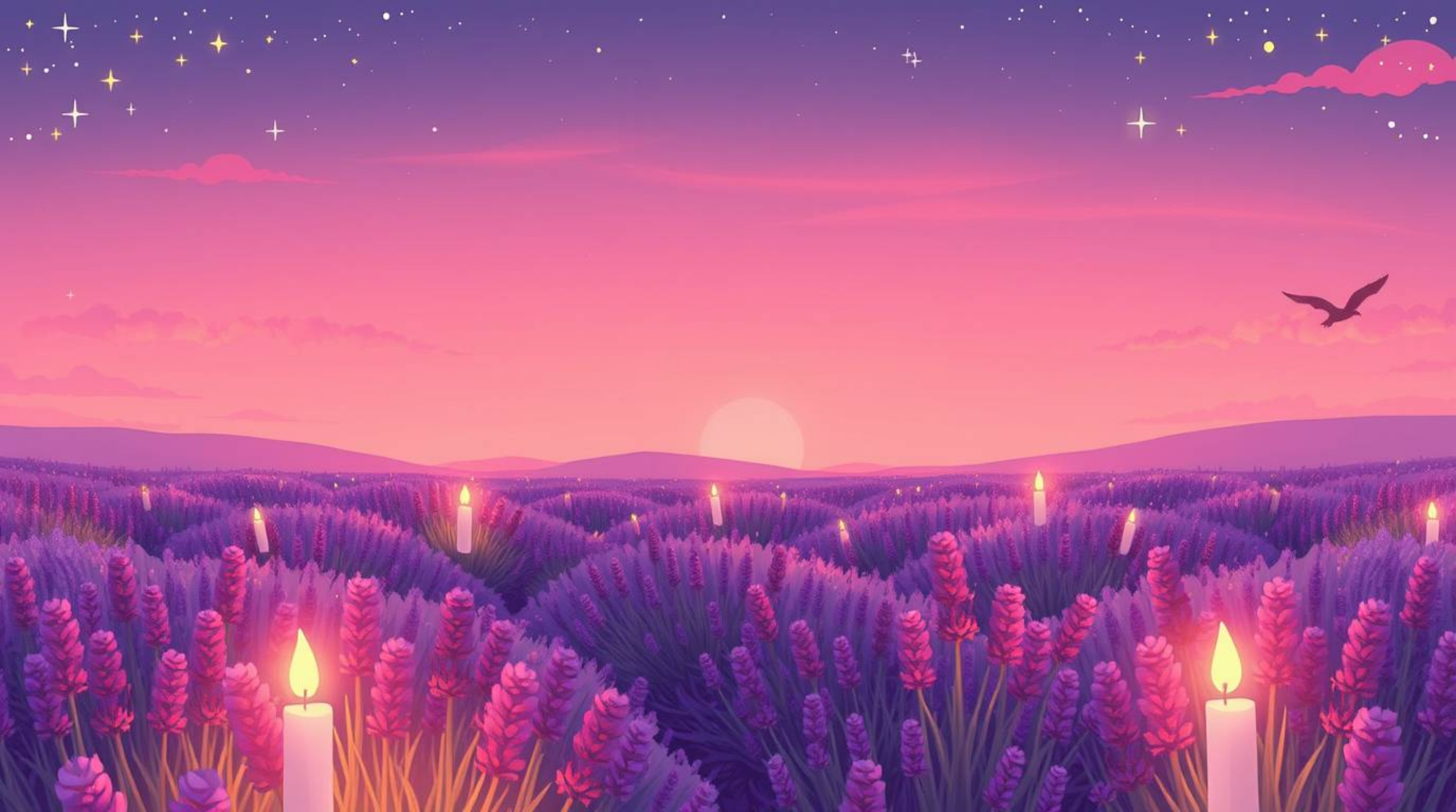 Immerse yourself in the enchanting beauty of lavender fields bathed in a dreamy pink sky, softly illuminated by the warm glow